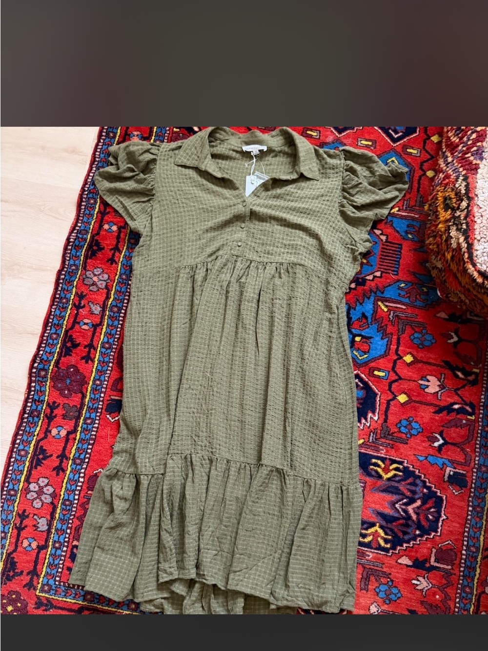 Jane and Delancey Olive Green Collared Ruffle Midi Dress